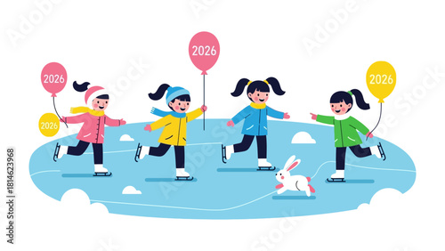 Ice Skating Fun: Playful children glide across a frozen surface, the scene's vibrant hues and playful elements capturing a joyful winter day.
