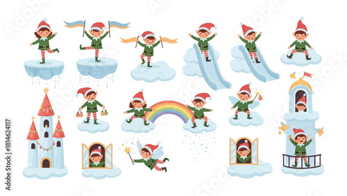 Whimsical Christmas Elf Collection: A charming compilation of Christmas elf illustrations, featuring diverse poses, playful actions, and festive elements in a delightful holiday scene.