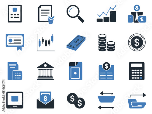 Collection of financial and banking icons in black and blue tones on a light background.