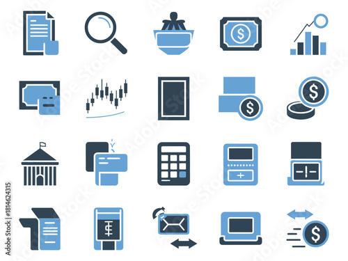 A diverse collection of financial and business icons, showcasing tools for analysis and investment.