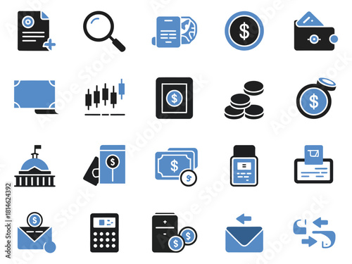 Various financial and banking icons in blue and black, depicting money management concepts.