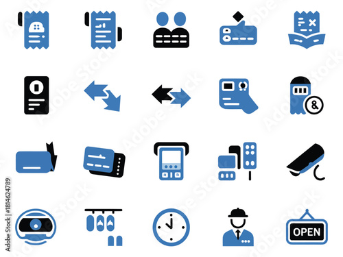 Various transaction icons in blue and black, depicting payment methods and services.