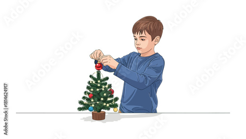 Festive Decoration: A young individual lovingly decorates a miniature Christmas tree, carefully placing ornaments and decorations, embodying the spirit of the season.