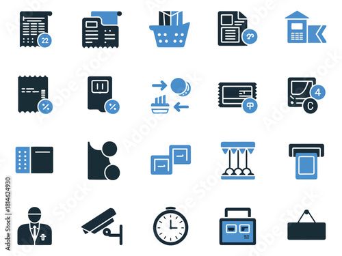 Collection of various business and finance icons in a minimalist blue and black style.