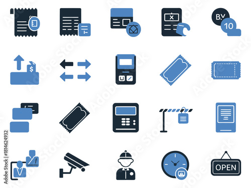 Variety of business-related icons in blue tones, illustrating finance, communication, and security.