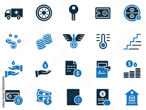 A collection of finance and business-related icons in various shades of blue, featuring coins and graphs.