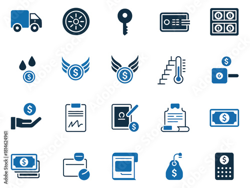 Vector icons representing various financial concepts and services in blue and white.