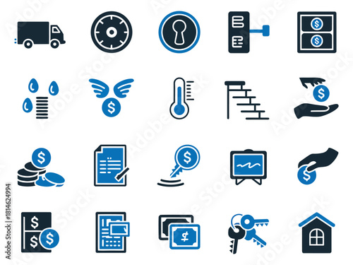 Collection of blue financial and delivery icons including truck, money, and security symbols.