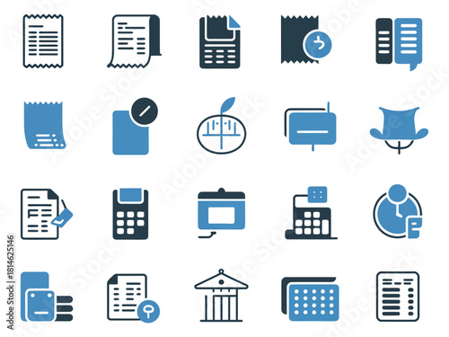 A collection of various business and accounting icons in a modern style, featuring receipts and documents.