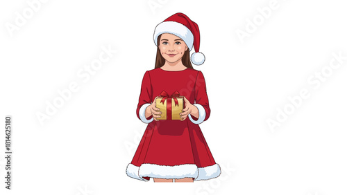 Festive Delight: A young lady adorned in holiday attire, radiant with cheer, extends a beautifully wrapped gift. A perfect embodiment of Christmas spirit, capturing the heart of the season.