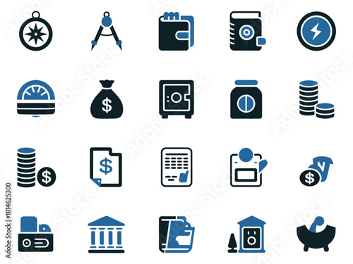A collection of financial and business icons representing various concepts.