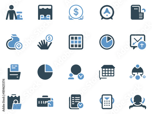 Various business and finance icons in blue tones, representing finance management and strategy.