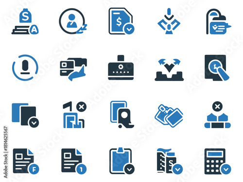A collection of blue financial and business icons representing services and transactions.