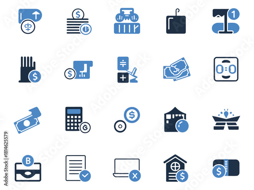 Collection of blue financial and business icons illustrating various concepts and transactions.
