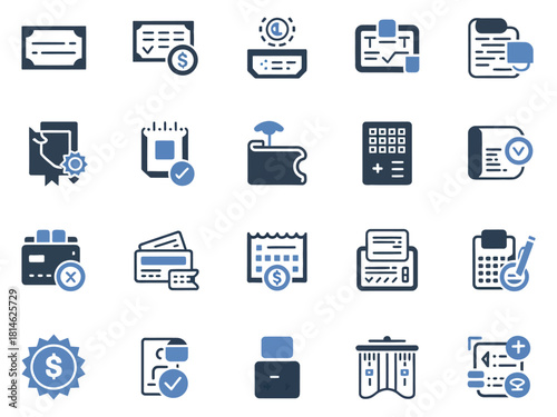 A collection of financial and administrative icons in a modern design style.