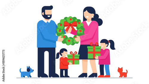Holiday Cheer: A family shares gifts and a festive wreath, embodying the joy and togetherness of the season. 