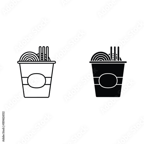 Two stylized icons of instant noodles in a cup one outlined and one filled