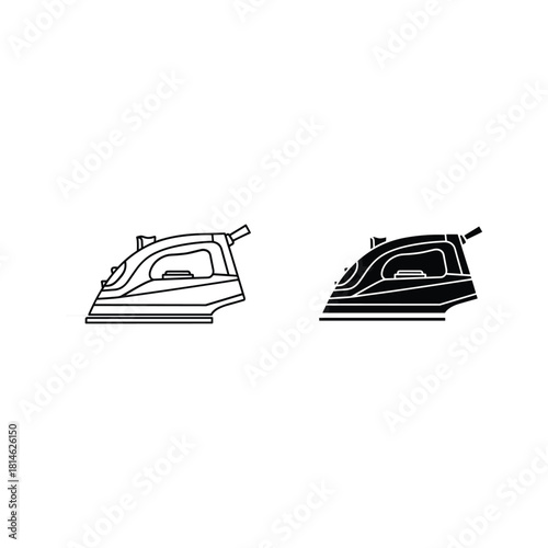 Two stylized illustrations of a modern steam iron in black and white