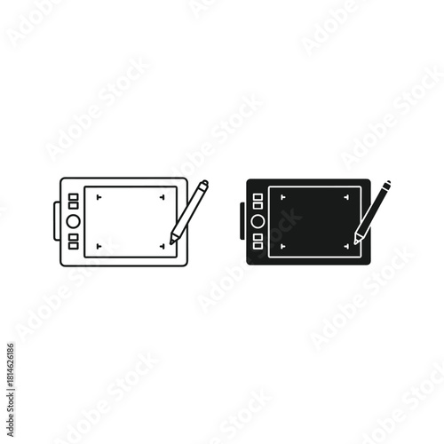 Digital drawing tablet and stylus icon set in outline and solid styles