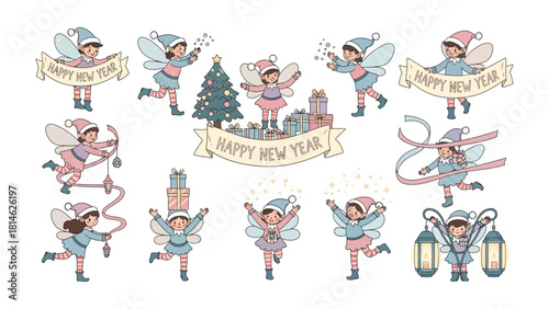 Whimsical New Year Elf: A cheerful ensemble of charming elves and magical items brings festive joy for the new year. Enchanting characters celebrate the arrival of the New Year.