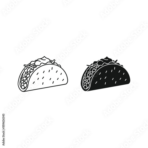 Two stylized tacos one outlined and one solid black on a white background