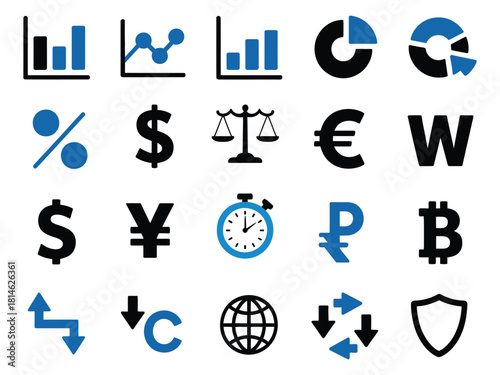 A collection of financial and economic icons in various colors and styles, illustrating data and currency concepts.