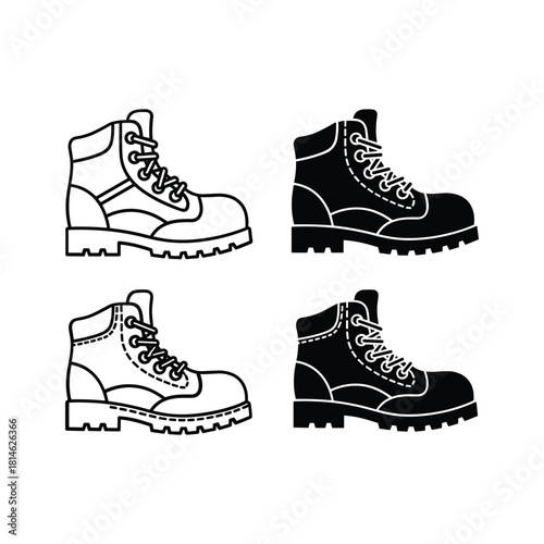 Set of four work boots in black and white line art style