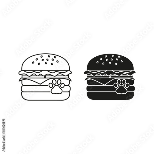Cute burger icon with paw print in outline and silhouette styles