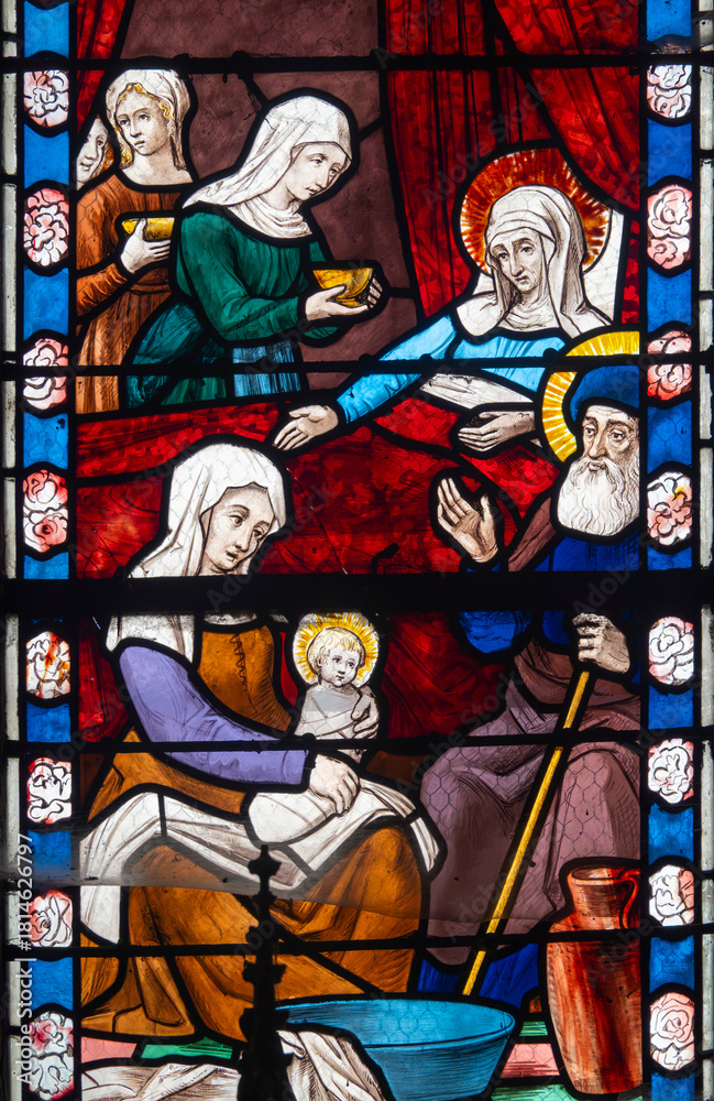 Fototapeta premium Stained glass (19th century) of Nativity of the Blessed Virgin Mary.