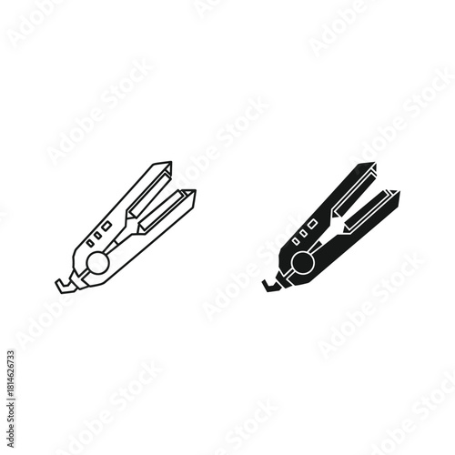 Two illustrations of a hair straightening iron one in outline and one in black silhouette