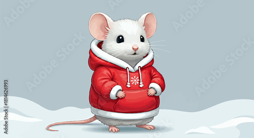 Adorable cartoon white mouse wearing a festive red hoodie with a snowflake emblem, standing in a snowy winter landscape