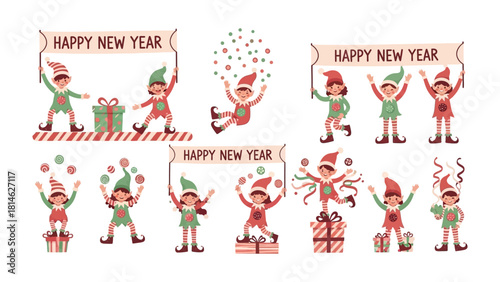 Festive Elf Celebration: A collection of charming elves joyfully ushering in the New Year, each in playful poses with gifts and festive banners, embodying holiday cheer.