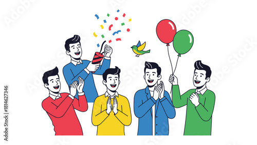 Party Celebration: Animated figures revel in a lively party, adorned with confetti, balloons, and an air of festivity. 