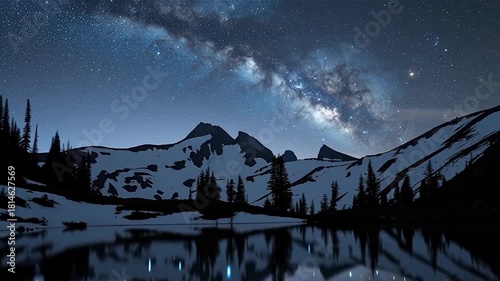Majestic Milky Way Galaxy over Snowy Mountains and Lake.