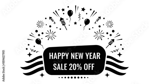 New Year Sale: A festive banner announces a Happy New Year Sale 20% Off, surrounded by celebratory icons such as fireworks and balloons, capturing the joy and anticipation of the new year.