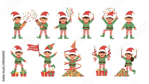 Festive Elf Collection: A vibrant assortment of cheerful elf characters, donned in festive attire, engaged in joyful celebrations, with confetti, streamers, and party hats.