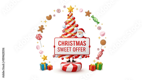 Festive Sweet Offer: A vibrant holiday promotion featuring a beautifully decorated candy-cane Christmas tree, a jovial santa claus, and an array of sweets and presents.