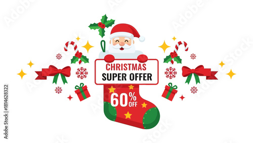 Christmas Super Offer: Santa Claus holds a sign of Christmas super offer with 60% off