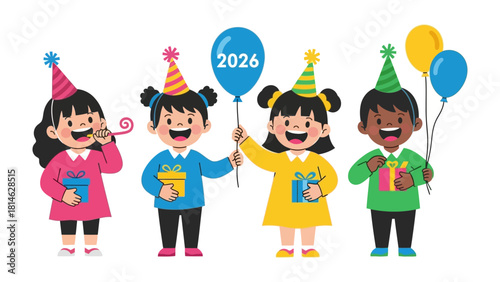 Joyful Celebration: A group of children is depicted, celebrating an event. Each child, holding party favors and presents, is full of joy.