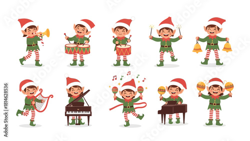 Christmas Elves Band: Cheerful elves in festive attire joyfully play musical instruments. This cheerful scene is full of the spirit of celebration and artistic expression.