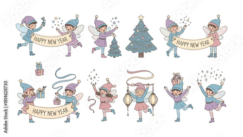 Enchanting Holiday Elves in Festive Bliss: A collection of whimsical illustrations featuring cheerful elves, decorated tree, and Happy New Year banner.