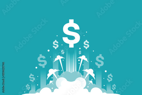 Dollar sign launching rocket financial growth success concept vector illustration