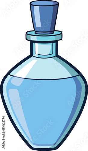 Illustration of a blue glass perfume bottle with a stopper
