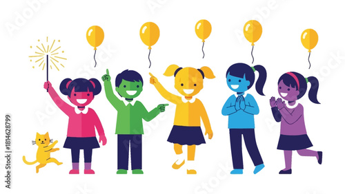 Joyful Childhood Celebration: Illustrative image of a group of vibrant children joyfully celebrating with balloons and sparklers, capturing the pure essence of childhood and happiness.