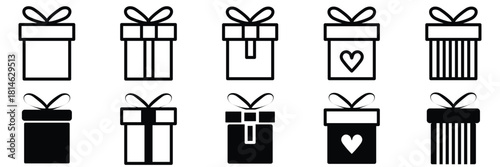 Present gift box icons. Black gift box and Surprise. Gift box icon set. Christmas gift icon. Box Tied with Ribbon and Decorated. Vector illustration