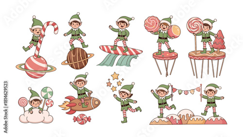 Whimsical Christmas Elf Set: A playful assortment of cartoon elves, each characterfully engaged in spirited holiday adventures. They embody the joyous spirit of the season through a whimsical display.