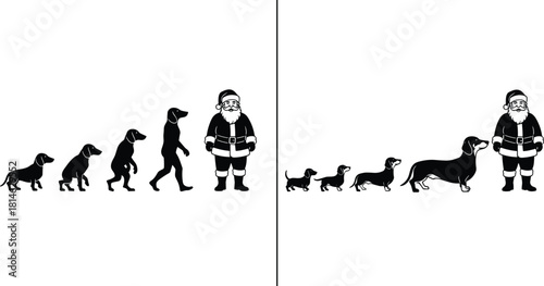 Creative silhouette evolution sequence showing dog transforming into human beside Santa, humorous comparison of dog sizes in festive cartoon style for Christmas graphic design