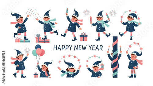 Whimsical New Year Elves Celebration: A collection of cheerful elves engage in playful activities, with the phrase Happy New Year adorning the center.