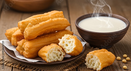 A traditional Asian breakfast of crispy fried youtiao dough sticks served with a steaming bowl of fresh soy milk.