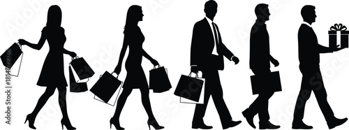 Diverse group of business people and consumers walking in line carrying shopping bags, briefcases and gift box silhouette vector illustration graphic design